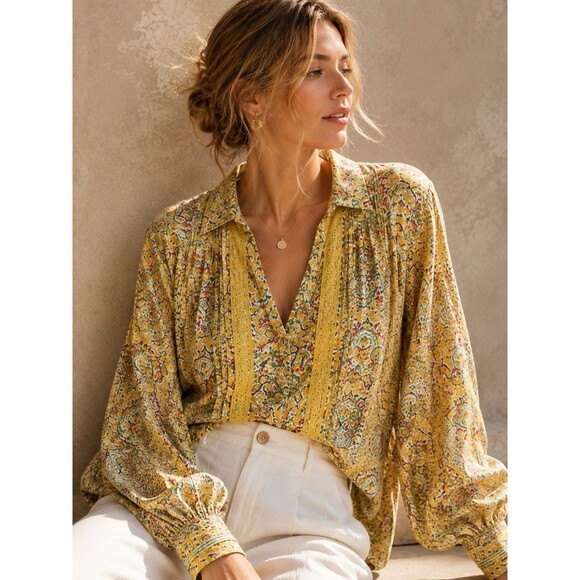 Pilcro Tops - Anthropologie Pilcro Pintuck Peasant Blouse Yellow Floral Lace Trim Size S